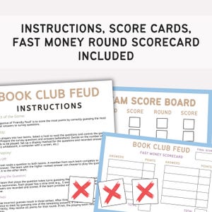 May include: A game set with instructions, score cards, and a fast money round scorecard. The game is titled "Book Club Feud" and includes instructions for gameplay. The cards have a light blue border and red "X" marks.