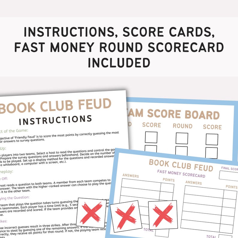 May include: A game set with instructions, score cards, and a fast money round scorecard. The game is titled "Book Club Feud" and includes instructions for gameplay. The cards have a light blue border and red "X" marks.
