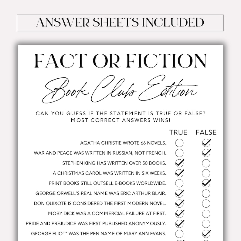 May include: Black and white printable game card with the title "Fact or Fiction: Book Club Edition". The card features a list of book-related trivia questions with true or false answer options.