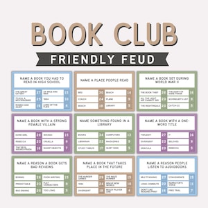 Puede incluir: Un tablero de juego colorido titulado "Book Club Friendly Feud" con varias categorías y respuestas. Las categorías incluyen libros, lugares y razones para malas críticas. El tablero está diseñado para un juego de club de lectura.