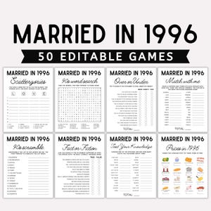 May include: A collection of printable games with the headline "MARRIED IN 1996". The games include Scattergories, a 90s word search, Over or Under, Match with Me, 90s Scramble, Fact or Fiction, Test Your Knowledge, and Prices in 1996.