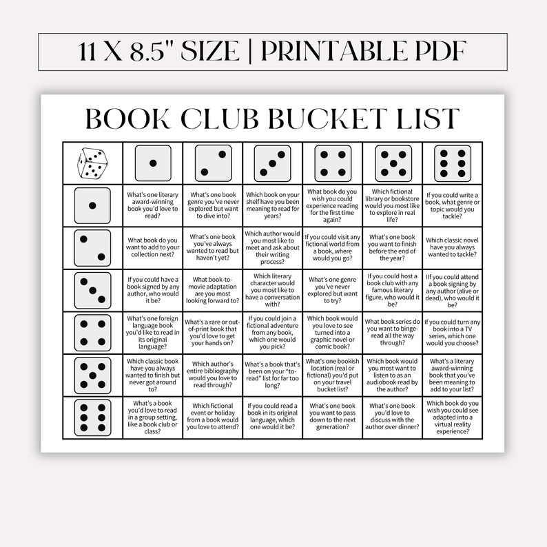 K&ouml;nnte beinhalten: Eine druckbare Buchclub-Eimerliste mit 36 Feldern, die jeweils eine buchbezogene Aufforderung enthalten. Die Aufforderungen sollen Buchliebhabern helfen, neue B&uuml;cher und Autoren zu entdecken. Die Liste ist perfekt f&uuml;r Buchclubs, Einzelpersonen oder alle, die gerne lesen.