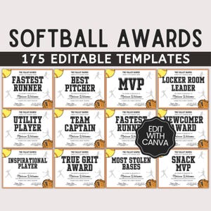 175 Editable Softball Award Certificates, Softball Team Awards, End of Season Awards, Softball Award Canva Template, Softball Award Ceremony