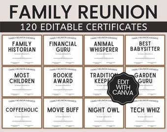 Editable Family Reunion Awards: 120 Printable Certificates (CANVA)