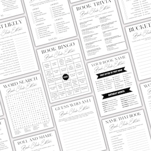 May include: A set of printable black and white book club game cards. The cards feature games like "Book Bingo", "Word Search", "Roll and Share", "Guess Who Am I", "Name That Book", "Your Book Name", "Most Likely", "Bucket List", and "Book Trivia".