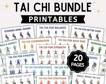 20 Tai Chi Workout Bundle Printable | Chair Tai Chi for Seniors and Beginners, Walking Flow, Seated Exercise Chart PDF, Balance and Strength