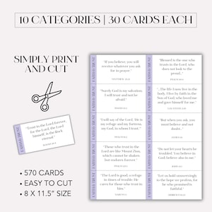 May include: A set of faith-based cards with the text "Faith & Trust" on the side. The cards are white with black text, and the image includes a pair of scissors and the words "Simply Print and Cut". The cards are 8 x 11.5 inches.