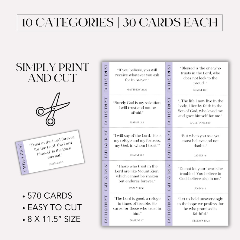 May include: A set of faith-based cards with the text "Faith & Trust" on the side. The cards are white with black text, and the image includes a pair of scissors and the words "Simply Print and Cut". The cards are 8 x 11.5 inches.