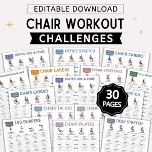 Pode incluir: Um conjunto de desafios de treino em cadeira imprimíveis, incluindo cardio em cadeira, alongamentos e Pilates. O conjunto para download apresenta 30 páginas com vários exercícios, projetados para uso doméstico ou no escritório. O título diz "Chair Workout Challenges".