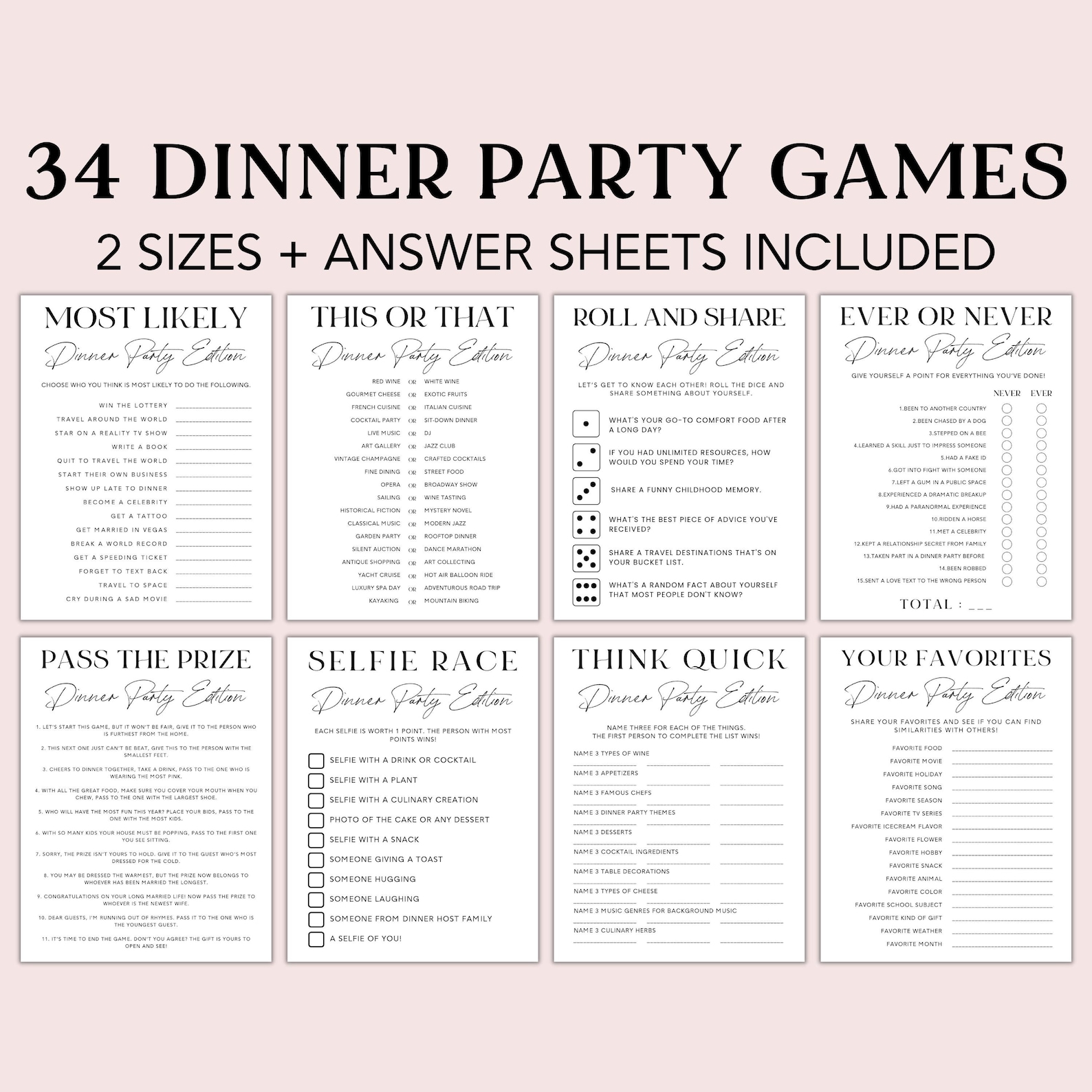 Dinner Party Games, Printable Dinner Party Games, Dinner Games, Dinner ...