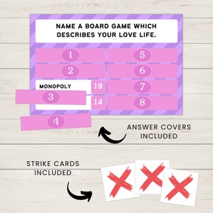 May include: A pink and purple game board with the text "NAME A BOARD GAME WHICH DESCRIBES YOUR LOVE LIFE."  The board has numbered squares with pink and purple stripes.  The game includes strike cards and answer covers.