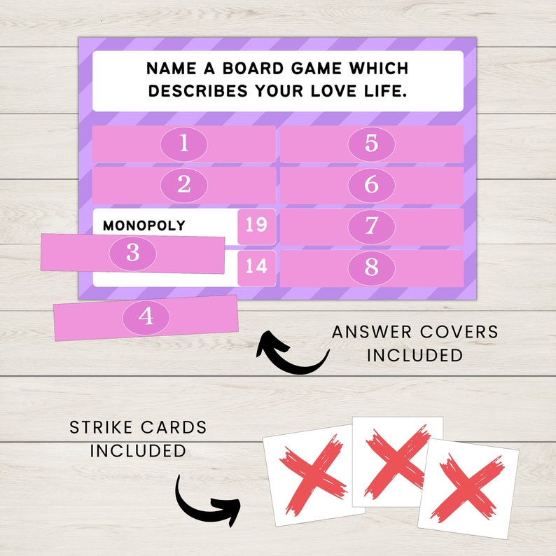 May include: A pink and purple game board with the text "NAME A BOARD GAME WHICH DESCRIBES YOUR LOVE LIFE."  The board has numbered squares with pink and purple stripes.  The game includes strike cards and answer covers.