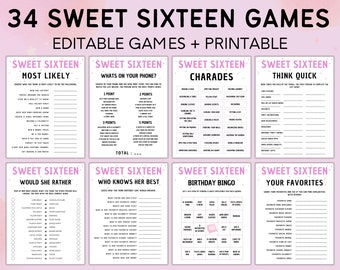Sweet Sixteen Birthday Games Bundle: Editable Teen Party Games (Canva)