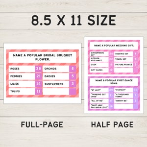 May include: A pink and white printable wedding game with two sections. The first section asks "Name a popular bridal bouquet flower." with a list of flowers and numbers. The second section asks "Name a popular wedding gift." with a list of gifts and numbers. The third section asks "Name a popular first dance song." with a list of songs and numbers. The bottom of the page says "Full-Page" and "Half-Page".