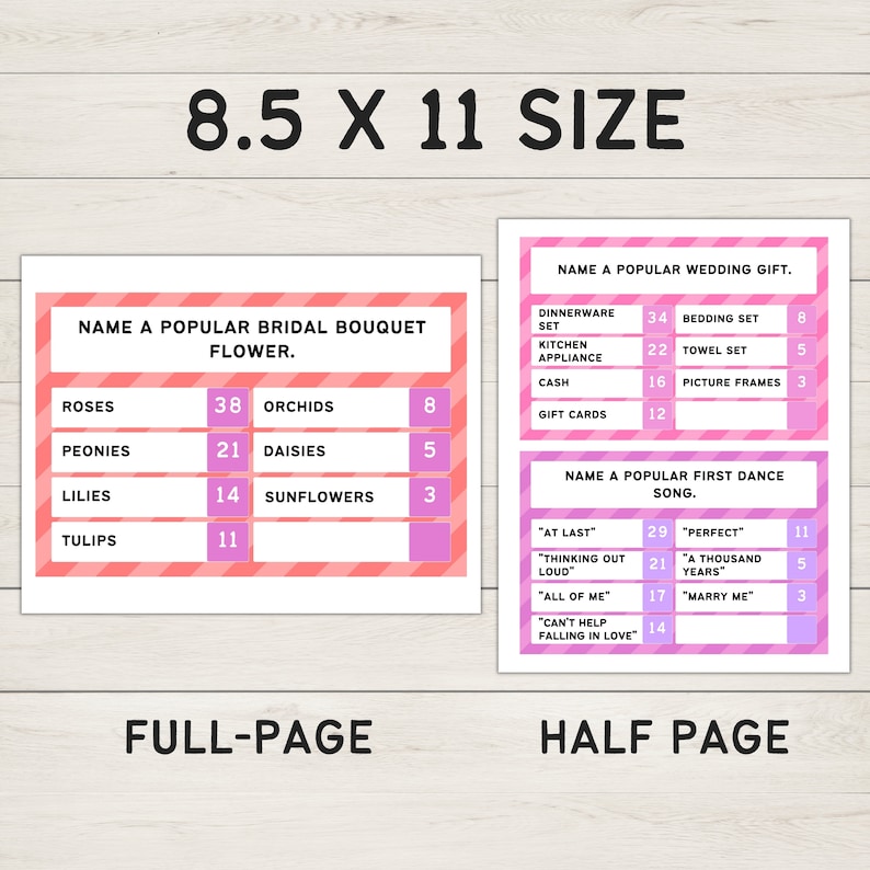May include: A pink and white printable wedding game with two sections. The first section asks "Name a popular bridal bouquet flower." with a list of flowers and numbers. The second section asks "Name a popular wedding gift." with a list of gifts and numbers. The third section asks "Name a popular first dance song." with a list of songs and numbers. The bottom of the page says "Full-Page" and "Half-Page".