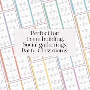 May include: A set of colorful cards with thought-provoking questions for team building, social gatherings, parties, or classrooms. The cards feature a variety of colors and designs, with each card containing a different question.
