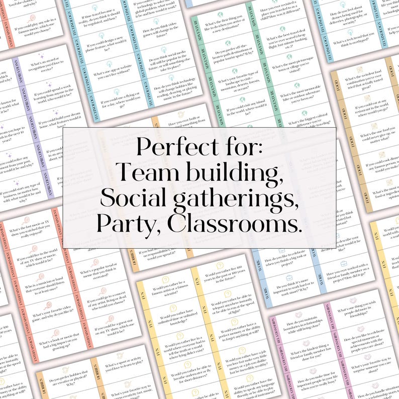 May include: A set of colorful cards with thought-provoking questions for team building, social gatherings, parties, or classrooms. The cards feature a variety of colors and designs, with each card containing a different question.