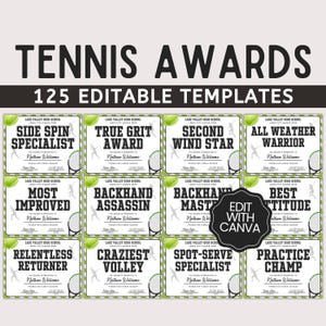 125 Editable Tennis Award Certificates, Tennis Team Awards, End of Season Awards, Tennis Award Canva Template, Tennis Award Ceremony
