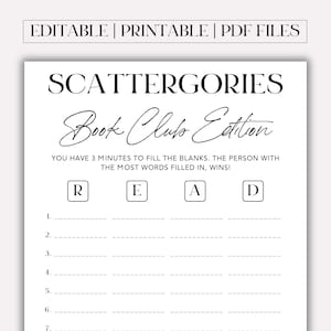 May include: A printable game sheet for a book club game called "Scattergories: Book Club Edition". The game sheet has a title, instructions, and a grid with letters R, E, A, and D at the top.