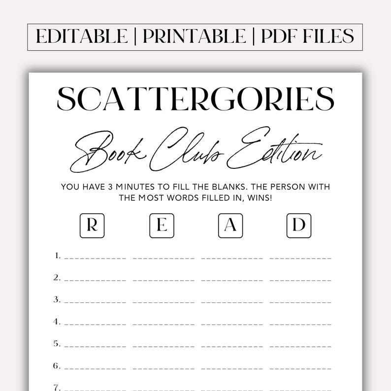 May include: A printable game sheet for a book club game called "Scattergories: Book Club Edition". The game sheet has a title, instructions, and a grid with letters R, E, A, and D at the top.