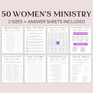 May include: A collection of printable game sheets for a women's ministry, including bingo, trivia, and icebreaker games. The sheets are in black and white with purple accents and include the text "50 Women's Ministry".
