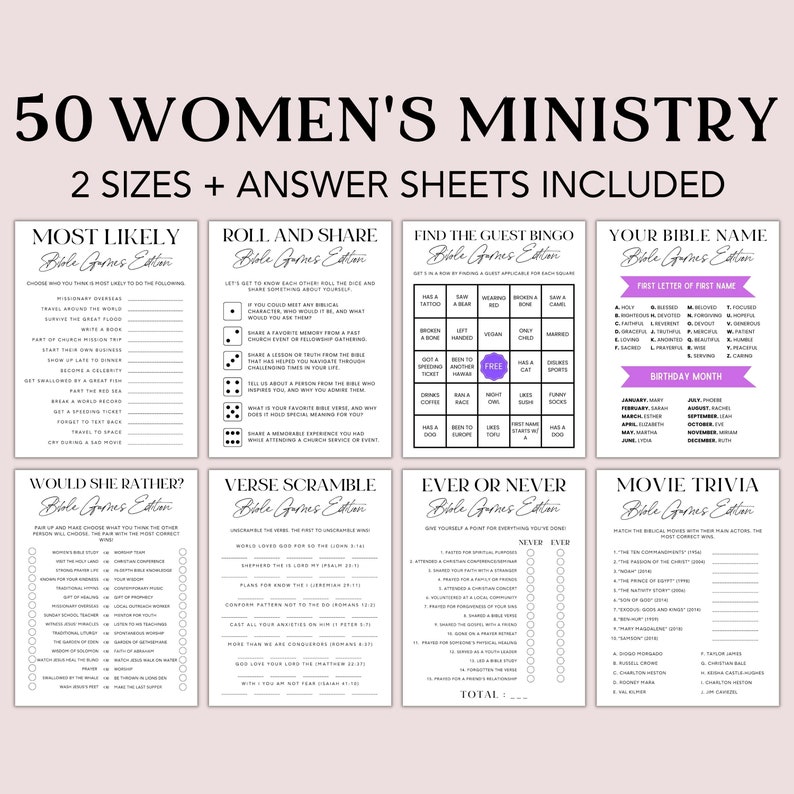 May include: A collection of printable game sheets for a women's ministry, including bingo, trivia, and icebreaker games. The sheets are in black and white with purple accents and include the text "50 Women's Ministry".