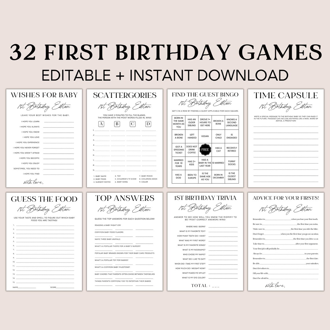 Editable First Birthday Games, 1st Birthday Bundle, Girl, Boy Party ...
