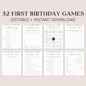 Op de afbeelding: Een set met printbare spellen voor een eerste verjaardagsparty. De spellen omvatten "Wensen voor de baby", "Scattergories", "Vind het gastenbingo", "Tijdcapsule", "Raad het eten", "Topantwoorden", "1e verjaardagstrivia" en "Advies voor je eerste!" De spellen zijn zwart-wit met een modern minimalistisch ontwerp.