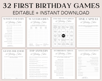 May include: A set of printable first birthday party games. The games include "Wishes for Baby", "Scattergories", "Find the Guest Bingo", "Time Capsule", "Guess the Food", "Top Answers", "1st Birthday Trivia", and "Advice for Your Firsts!" The games are black and white with a modern minimalist design.
