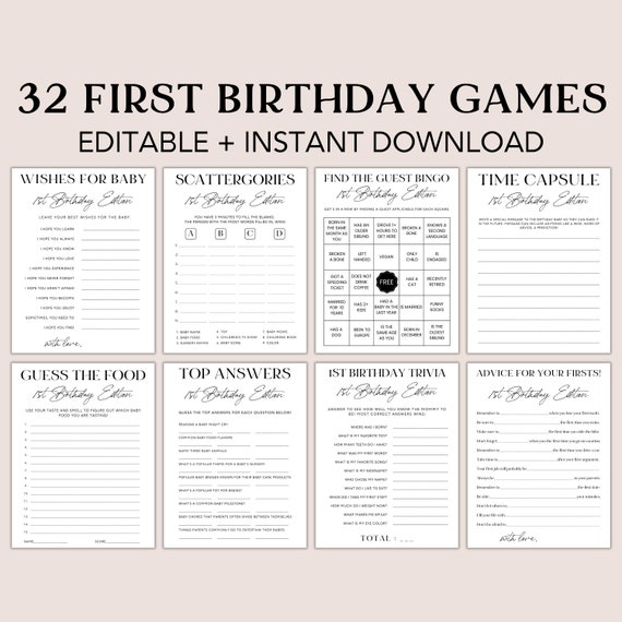 Editable First Birthday Games Bundle: 32 Party Games (Canva)