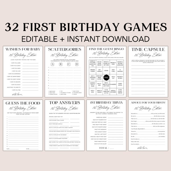 Editable First Birthday Games, 1st Birthday Bundle, Girl, Boy Party Games, Games for 1st Birthday, Canva