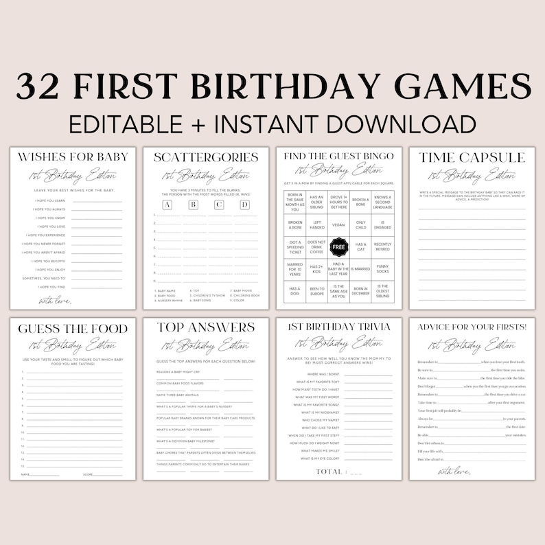 Op de afbeelding: Een set met printbare spellen voor een eerste verjaardagsparty. De spellen omvatten "Wensen voor de baby", "Scattergories", "Vind het gastenbingo", "Tijdcapsule", "Raad het eten", "Topantwoorden", "1e verjaardagstrivia" en "Advies voor je eerste!" De spellen zijn zwart-wit met een modern minimalistisch ontwerp.