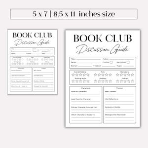 K&ouml;nnte beinhalten: Zwei wei&szlig;e Book Club Discussion Guide-Drucke. Einer ist 12,7 x 17,8 cm gro&szlig;, der andere 21,6 x 27,9 cm. Jeder hat einen Titelabschnitt, einen Bewertungsabschnitt und Abschnitte f&uuml;r Charaktere und Themen. Der Text enth&auml;lt "Titel", "Genre" und "Autor".