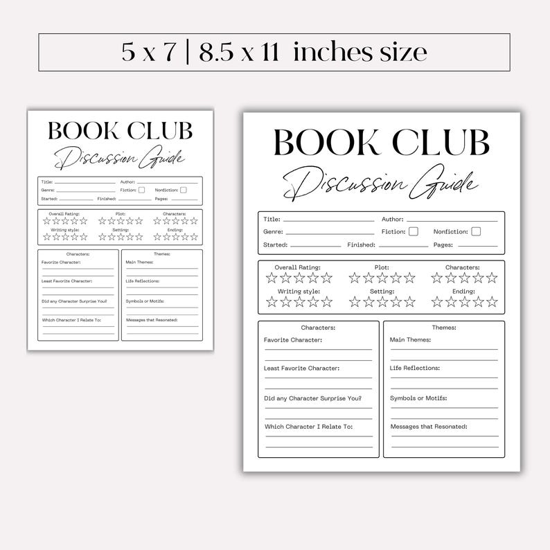 K&ouml;nnte beinhalten: Zwei wei&szlig;e Book Club Discussion Guide-Drucke. Einer ist 12,7 x 17,8 cm gro&szlig;, der andere 21,6 x 27,9 cm. Jeder hat einen Titelabschnitt, einen Bewertungsabschnitt und Abschnitte f&uuml;r Charaktere und Themen. Der Text enth&auml;lt "Titel", "Genre" und "Autor".