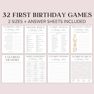 Op de afbeelding: Een set van 32 afdrukbare eerste verjaardagsspelletjes voor het eerste verjaardagsfeestje van een baby. De spellen omvatten een quizspel, een selfie-race, een snoepjes-matchspel, een zwangerschap-emoji-spel, een baby-charades-spel, een favoriete herinneringsspel en een woordzoekspeletje. De spellen zijn ontworpen in een zwart-wit kleurenschema met een moderne en minimalistische esthetiek.
