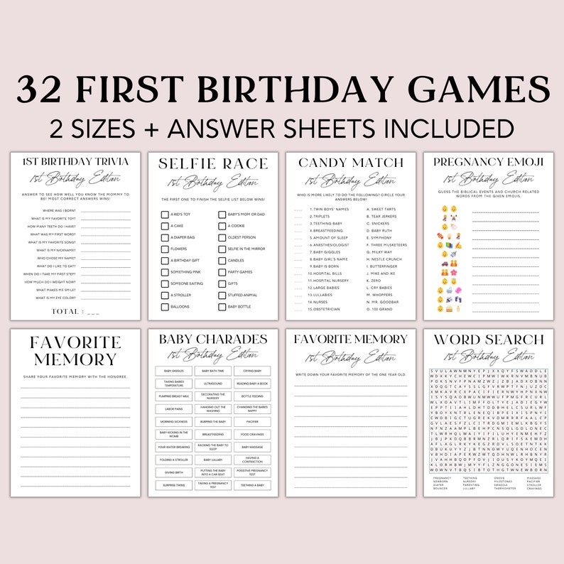 Editable First Birthday Games, 1st Birthday Bundle, Girl, Boy Party ...