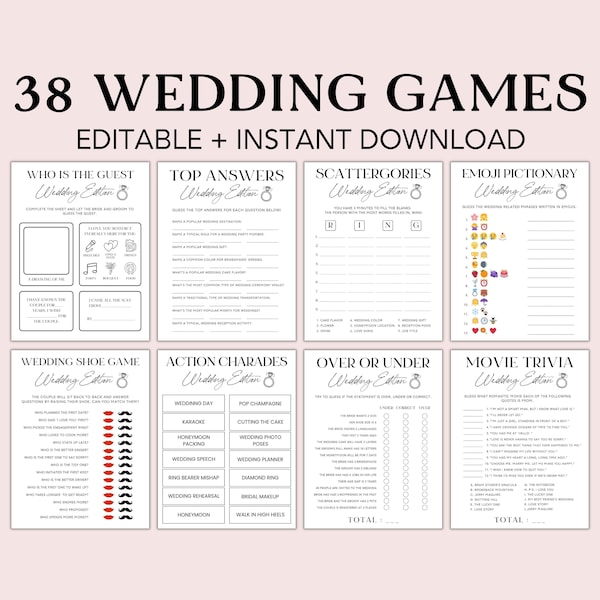 Editable Wedding Games Bundle, Wedding Table Activity, Wedding Games Cocktail Hour, Ice Breaker Wedding Games Canva Template, WP1