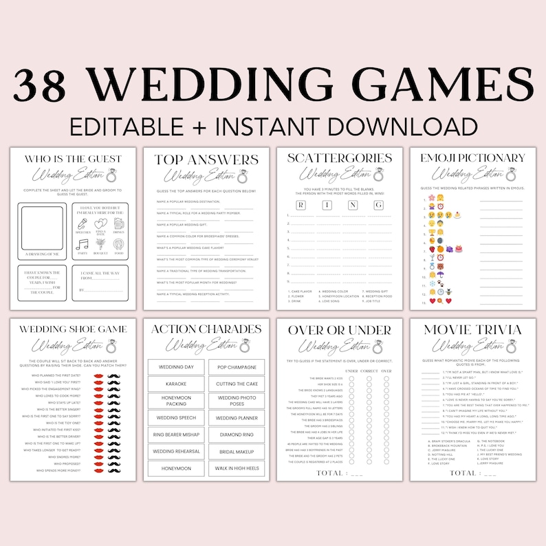 Editable Wedding Games Bundle, Wedding Table Activity, Wedding Games Cocktail Hour, Ice Breaker Wedding Games Canva Template, WP1 image 1