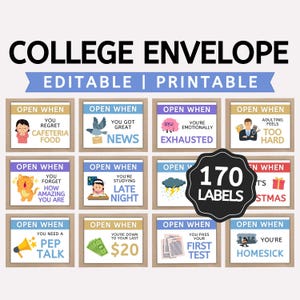 May include: A collection of 170 printable college envelope labels. Each label features a unique message, such as "Open When You're Emotionally Exhausted" or "Open When You Need a Pep Talk." The labels are in a variety of colors and designs.