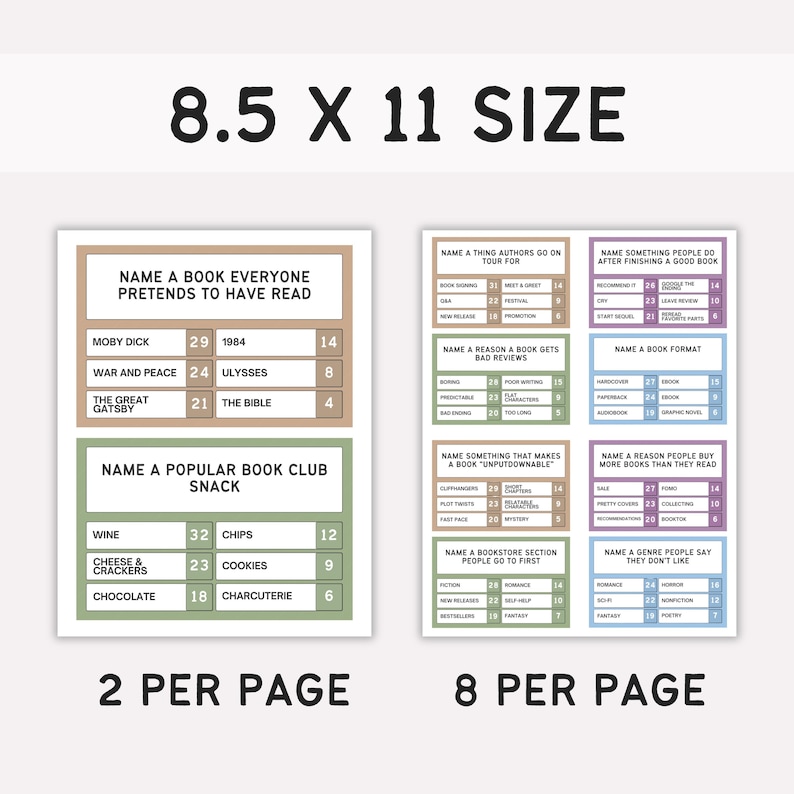 May include: A white 8.5 x 11 inch sheet with two game cards. One card lists books everyone pretends to have read and popular book club snacks. The other card lists things authors tour for and book formats. Text includes "2 per page" and "8 per page."