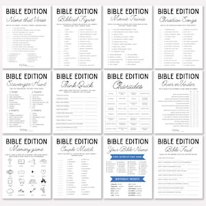 May include: A collection of twelve white paper game sheets with black text, titled "Bible Edition." Games include trivia, charades, and matching. Each sheet has a unique design and set of instructions for various Bible-themed activities.