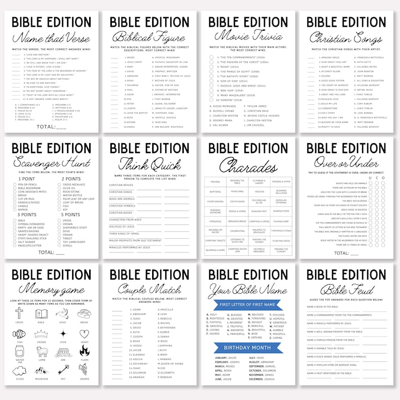 May include: A collection of twelve white paper game sheets with black text, titled "Bible Edition." Games include trivia, charades, and matching. Each sheet has a unique design and set of instructions for various Bible-themed activities.