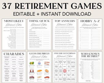 Puede incluir: Un conjunto de juegos imprimibles para una fiesta de jubilación. Los juegos incluyen "Lo más probable", "Piensa rápido", "Las mejores respuestas", "Aficiones de la A a la Z", "Adivina", "Adivina los precios", "Bingo de los invitados" y "¿Quién conoce al jubilado?"