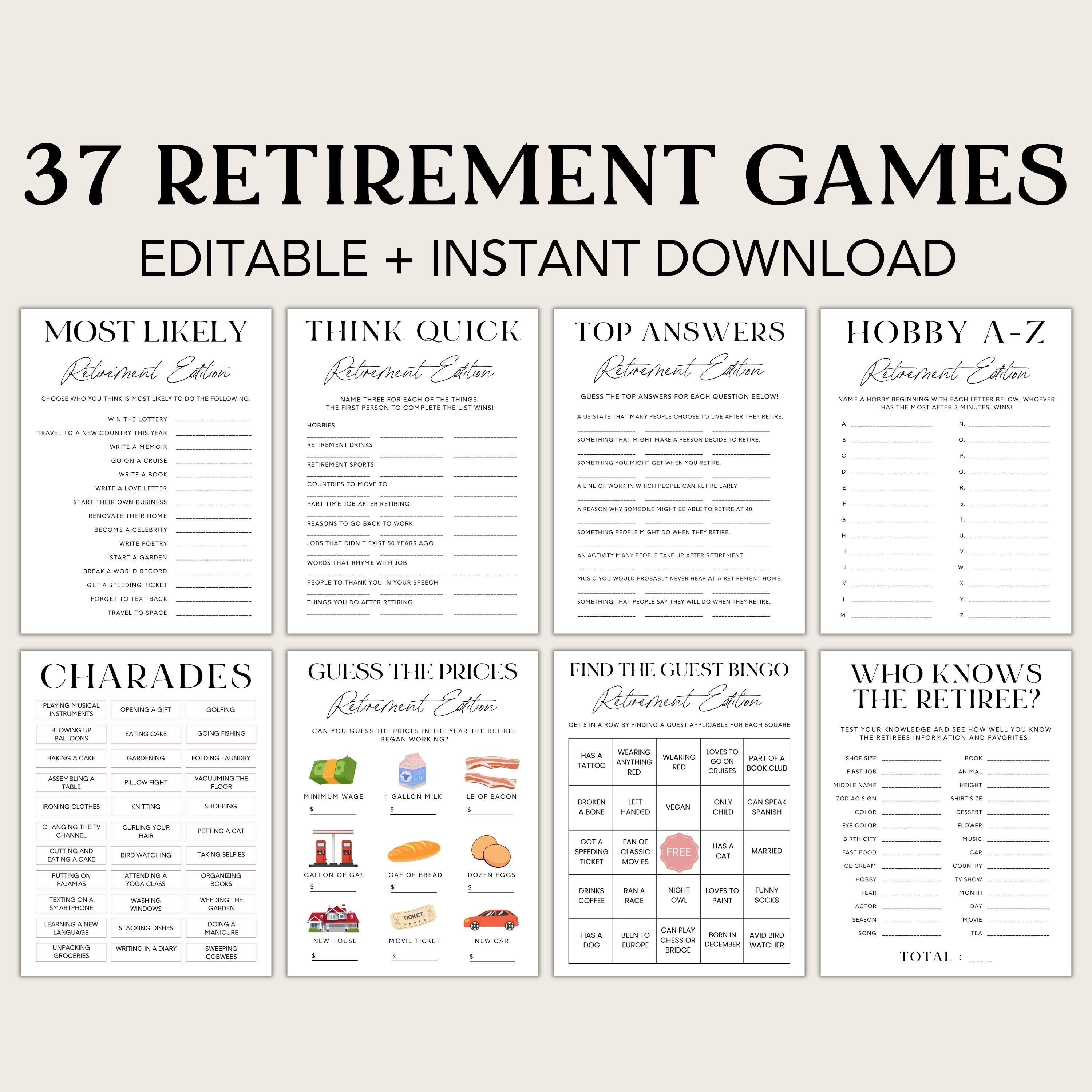 Printable Retirement Fun Guide.pdf 37 Retirement Party Games: Printable Icebreaker Activities (CANVA ...