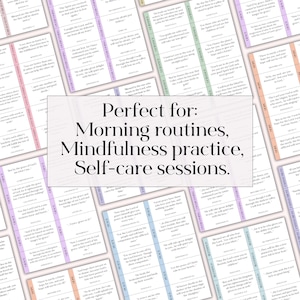 May include: A collection of colorful cards with text, including words like "Grace", "Peace", and "Blessings". The cards are arranged around a central text that reads "Perfect for: Morning routines, Mindfulness practice, Self-care sessions."
