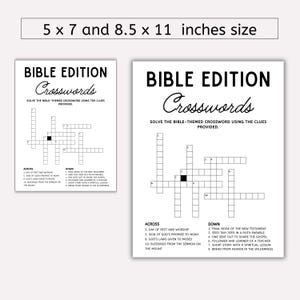 May include: Two white paper Bible Edition Crosswords, one 5 x 7 inches and the other 8.5 x 11 inches. Each crossword puzzle has a black and white design with clues listed below. The title is in a decorative font.