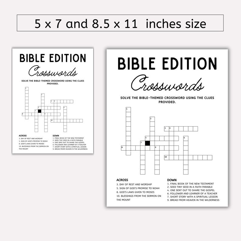 May include: Two white paper Bible Edition Crosswords, one 5 x 7 inches and the other 8.5 x 11 inches. Each crossword puzzle has a black and white design with clues listed below. The title is in a decorative font.