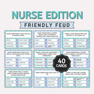 May include: A "Nurse Edition Friendly Feud" game with 40 cards. The cards feature nursing-related questions and answers, covering topics like equipment, patient symptoms, and things found on a nurse's desk. The game is in teal and white.