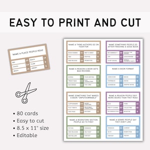 May include: A printable card game with prompts about books and reading. The image shows several cards with questions and answers, along with scissors and text that says "Easy to Print and Cut". The cards are 8.5 x 11 inches and editable.
