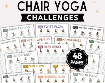 48 Stuhl Yoga Workout Bundle Printable | Stuhl Yoga für Senioren und Anfänger, 30-Tage-Challenge, sitzende Übungstabelle PDF
